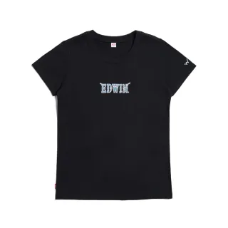 【EDWIN】女裝 牛仔布LOGO短袖T恤(黑色)