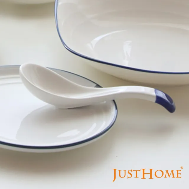 【Just Home】簡約純白藍邊陶瓷湯匙(湯匙 餐匙 匙)