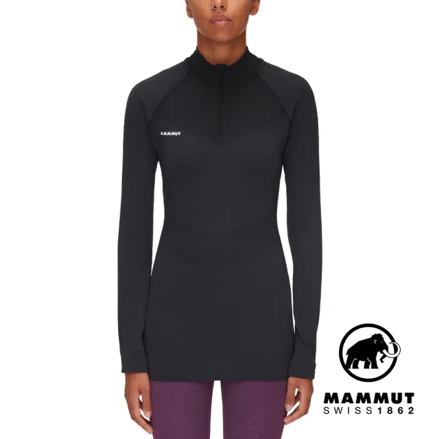 【Mammut 長毛象官方直營】Trift Half Zip Longsleeve 羊毛混紡立領拉鍊長袖排汗衣 黑色 女款 #1016-01060