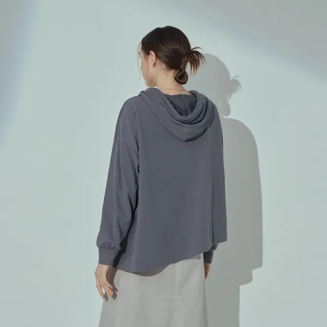 【MASTINA】不對稱下襬休閒帽T長袖上衣(杏 灰)