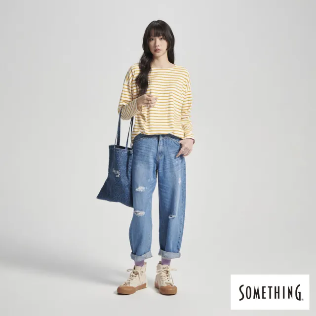 【SOMETHING】女裝 寬版條紋薄長袖T恤(淺黃色)