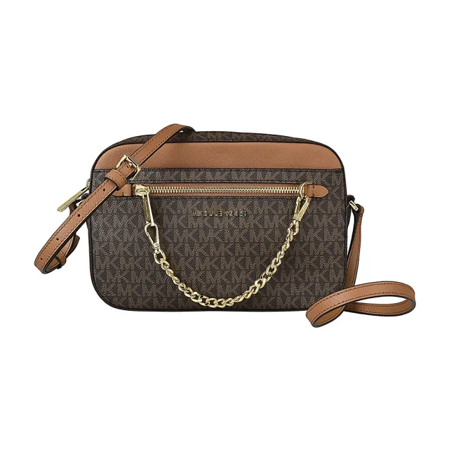 【Michael Kors】MK MICHAEL KORS JET SET EW金字LOGO拉鍊鍊帶造型設計PVC斜背相機包(大/橡子棕x棕)