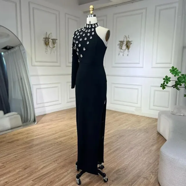 【女神婚紗禮服】時尚玻璃水晶削肩長袖側開叉曲線長裙晚禮服LA72371晶鑽黑(派對主持晚會 拉鍊款晚禮服)