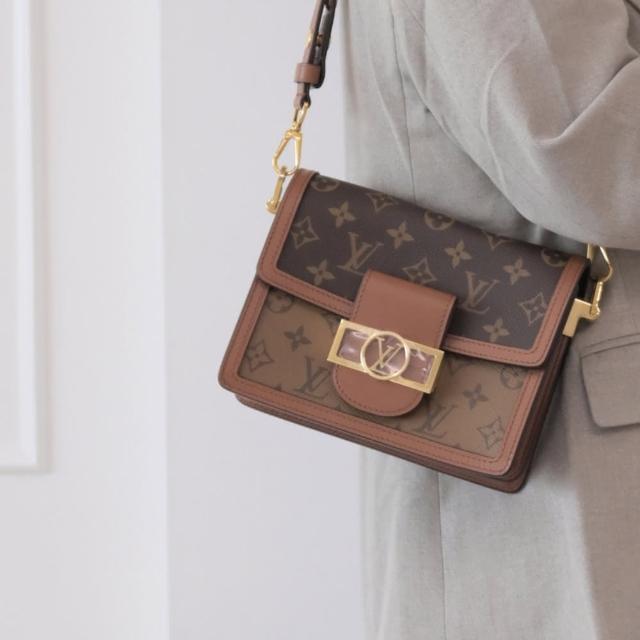 【Louis Vuitton 路易威登】LV M45959 MINI DAUPHINE 經典花紋拼接迷你翻蓋肩背包斜背包(現貨)