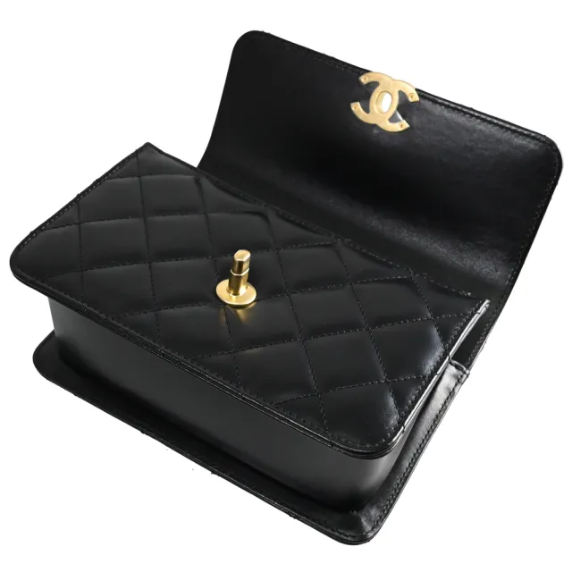 【CHANEL 香奈兒】限定款經典雙C LOGO小雙金球款菱格紋小牛皮肩斜三用翻蓋鍊包(黑)