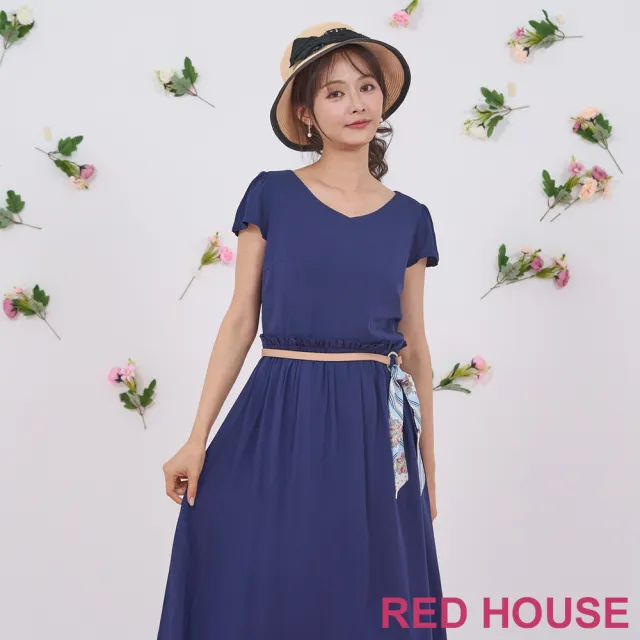 【RED HOUSE 蕾赫斯】素面V領抽褶洋裝-不含腰帶(藍色)