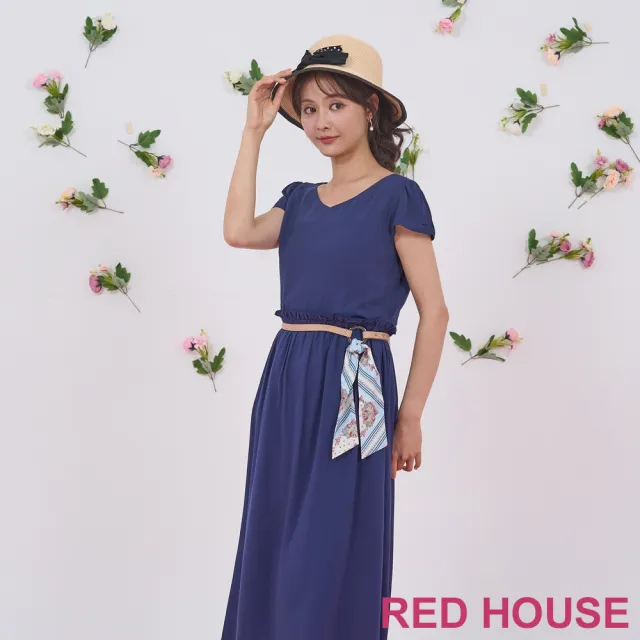 【RED HOUSE 蕾赫斯】素面V領抽褶洋裝-不含腰帶(藍色)