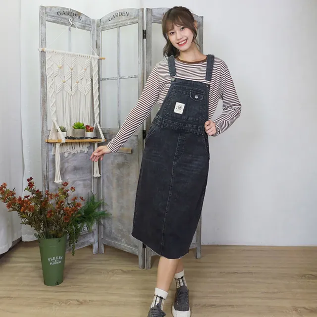 【Hana Mokuba】花木馬日系女裝休閒毛邊水洗感牛仔吊帶裙(吊帶裙)