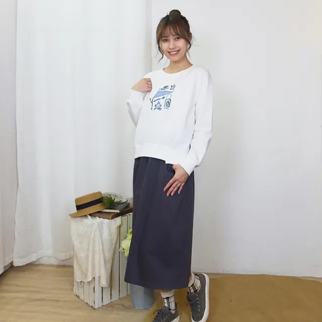 【Hana Mokuba】花木馬日系女裝不對稱剪裁趣味印繡花長袖T恤(T恤)