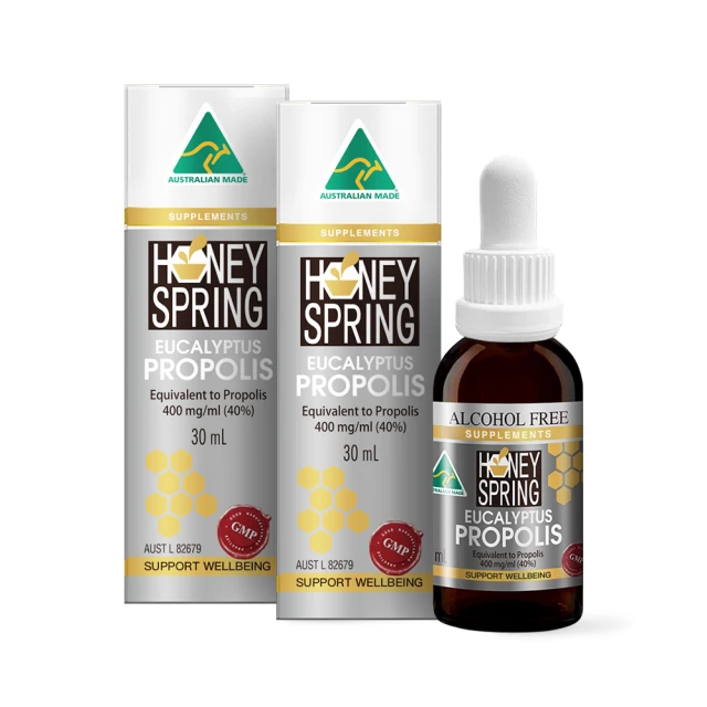 即期品 Honey Spring 蜜泉 澳洲蜜泉 尤加利精油蜂膠40% 無酒精滴液30mlx2入(蜂膠滴液)