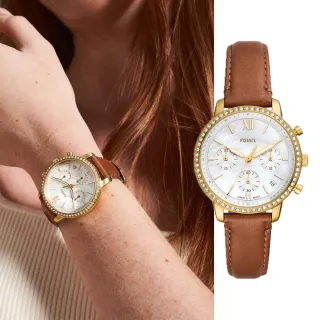 【FOSSIL】Neutra 復古女伶環鑽指針女錶 棕色真皮錶帶手錶 36MM ES5278
