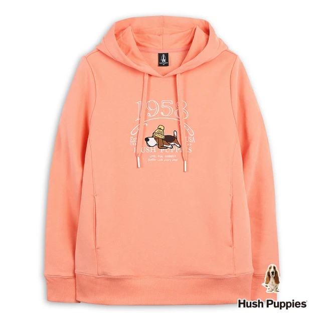 Hush Puppies 女裝 帽T 簡約字母刺繡Q版毛帽趴趴狗寬版帽T(亮橘 / 44202102)