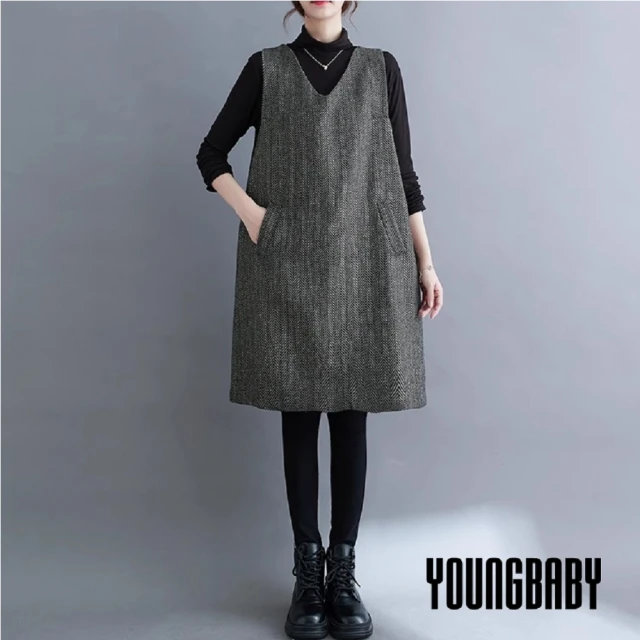 YOUNGBABY V領口袋毛呢人字紋背心洋裝 中大尺碼女裝