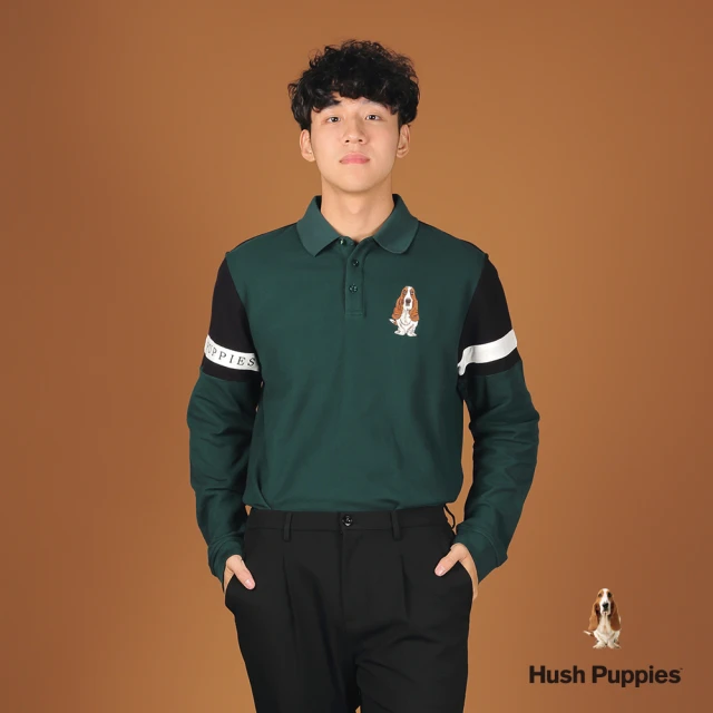 Hush Puppies 男裝 POLO衫 經典配色剪接刺繡狗長袖POLO衫(墨綠 / 44101104)