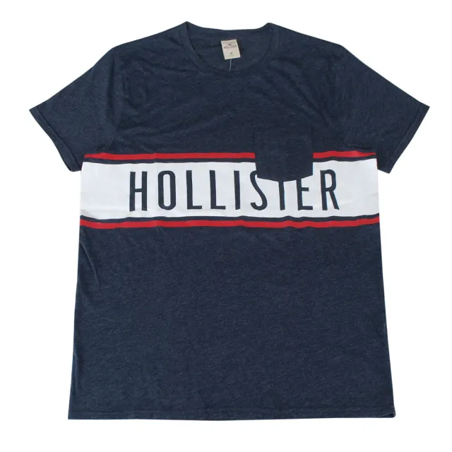 【HOLLISTER Co】HOLLISTER LOGO紅白紅條紋棉質混紡短袖T恤(男款/海軍藍)