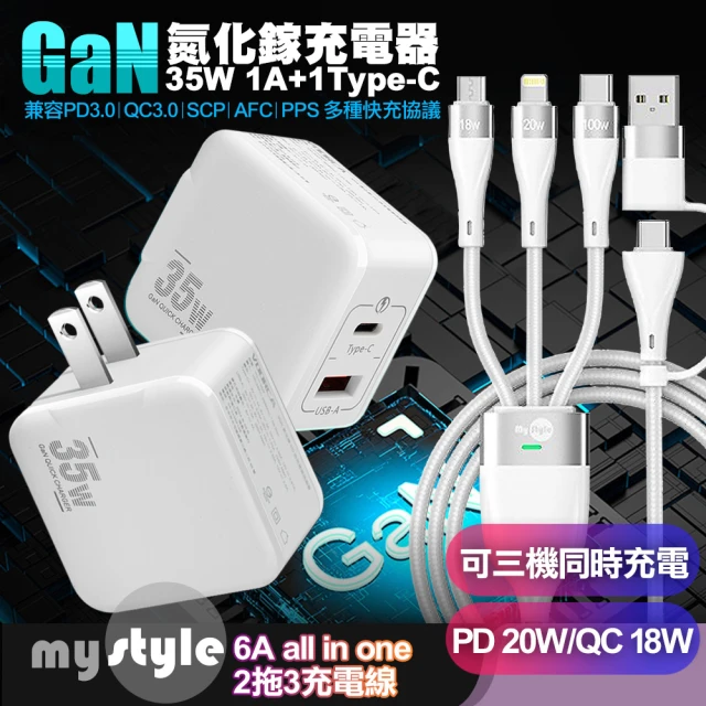 VOORCA 精裝1C+1A孔35W氮化鎵充電器 白+MyStyle 二出三 6用型快充線