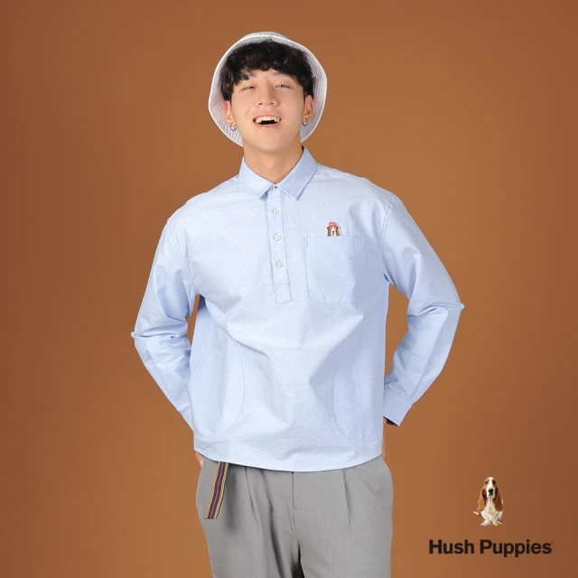 Hush Puppies 男裝 襯衫 半開襟刺繡漁夫帽狗寬版襯衫(水藍 / 44112106)