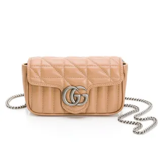 【GUCCI 古馳】Marmont GG Super Mini復古銀扣絎縫皮革翻蓋肩/斜背包(粉膚色)