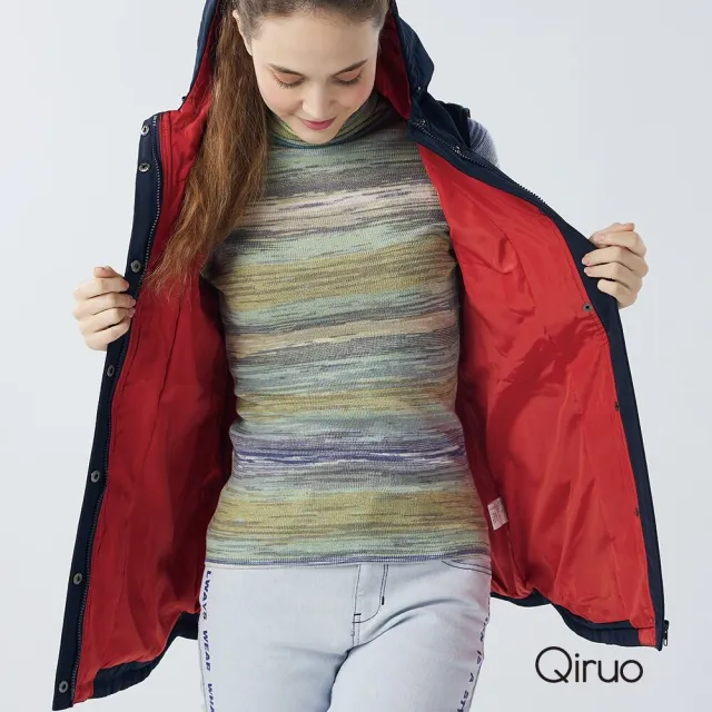 【Qiruo 奇若名品】保暖長版連帽背心6204D 深藍色-鈕扣式