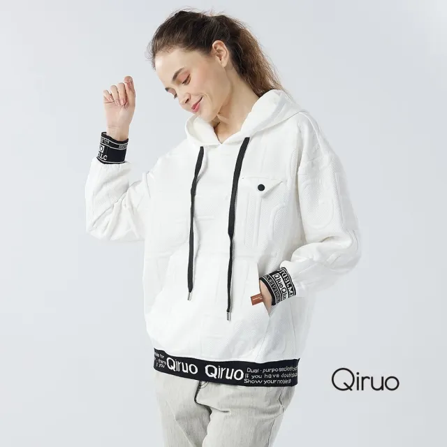 【Qiruo 奇若名品】凸紋棉質 下擺寬鬆緊帶 白色長袖連帽上衣6018A 
