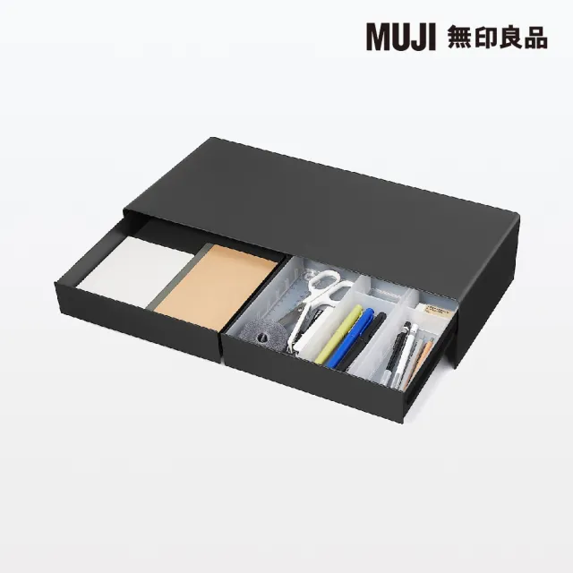 【MUJI 無印良品】鋼製螢幕置物架.附抽屜.寬型/深灰 約寬500×深230×高110 mm