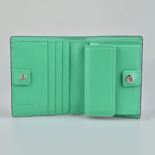 【FURLA 芙拉】FURLA CAMELIA字母LOGO釦式4卡小牛皮對折短夾(若竹綠)