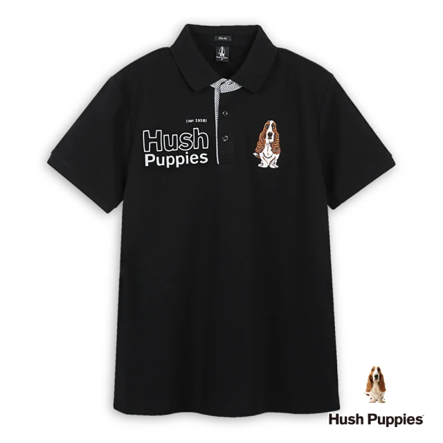 Hush Puppies 男裝 POLO衫 經典品牌英文印花刺繡狗短袖POLO衫(黑色 / 44101102)