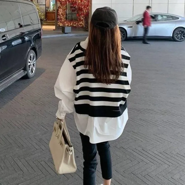 【BBHONEY】韓風甜美時尚 拼接假二件條紋 長版襯衫(長版襯衫)
