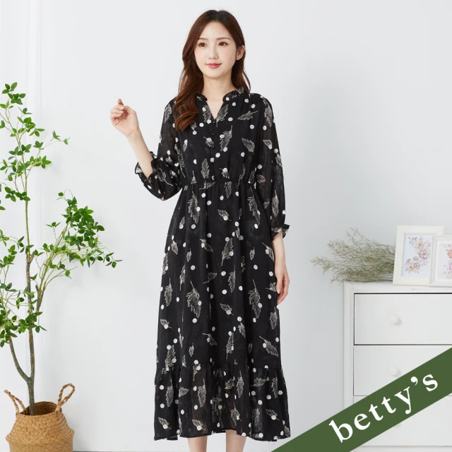 betty’s 貝蒂思 落葉點點跳色印花雪紡小V領長洋裝(黑色)