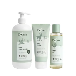 【Derma 丹麥德瑪】寶寶家庭護理三件組-沐浴露500ml+護膚霜100ml+按摩油150ml(嬰兒乳液、按摩油、新生兒)