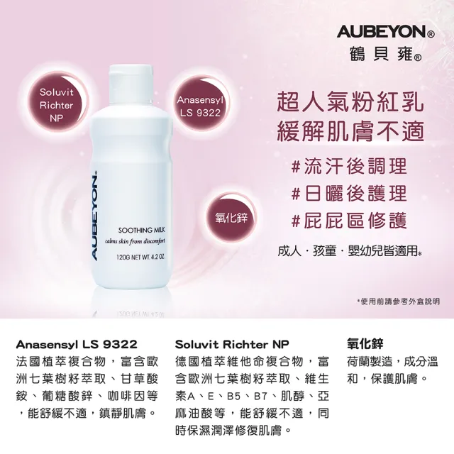【AUBEYON 鶴貝雍】安敏保膚乳120g(涼感舒緩王牌-流汗曬後不適、屁屁膏、乾癢敏感泛紅、佳樂美加強型)