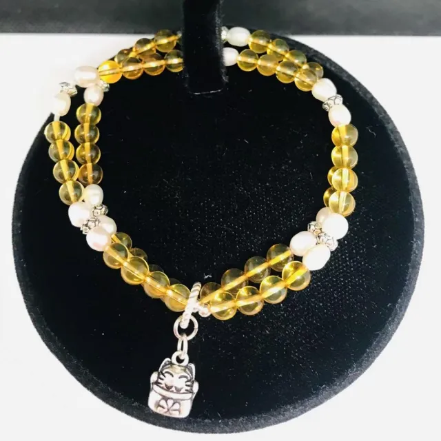 【勝弘珠寶】多明尼加藍珀珍珠配招財貓手鍊-5mm