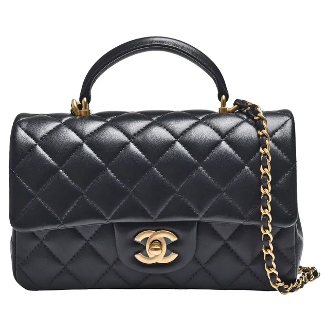 【CHANEL 香奈兒】經典金色雙C LOGO菱格小羊皮暗釦手提/斜背包【entrupy安心購】
