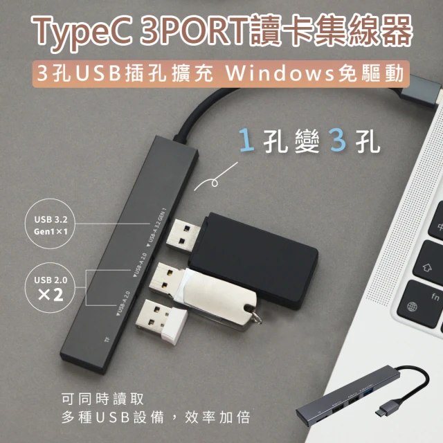 KINYO TypeC 3PORT讀卡集線器 HUB-33C(USB轉接器 讀卡機 支援OTG 手機)