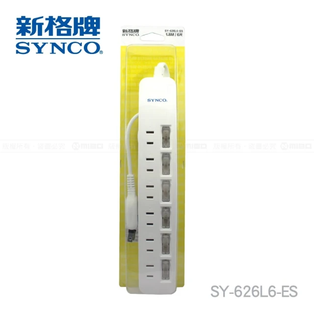 SYNCO 新格牌 6開2孔6插 6尺 延長線 防火材質(1.8米 防雷 防突波 過載保護)