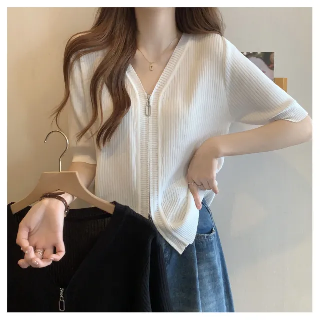 【ASister 小姊姊】*出清品*現貨在庫★外套/罩衫☆*V領拉鍊*冰絲氣質顯瘦上衣/罩衫(2色 #AS0482)