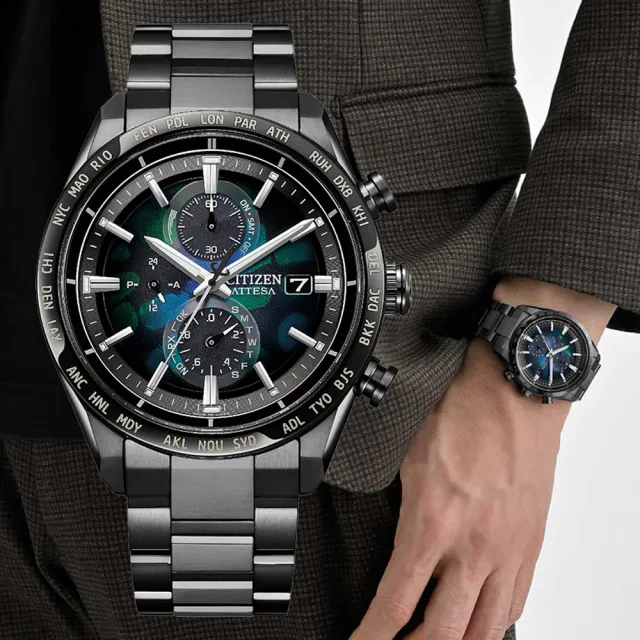 【CITIZEN 星辰】GENTS 宇宙幻彩限定款電波光動能鈦金屬計時男錶-黑/42mm 禮物(AT8286-65E)送禮