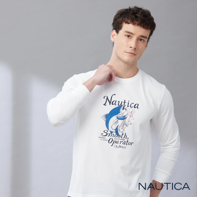 NAUTICA 男裝 涼感抑菌海鱒魚圖騰長袖T恤(白色)