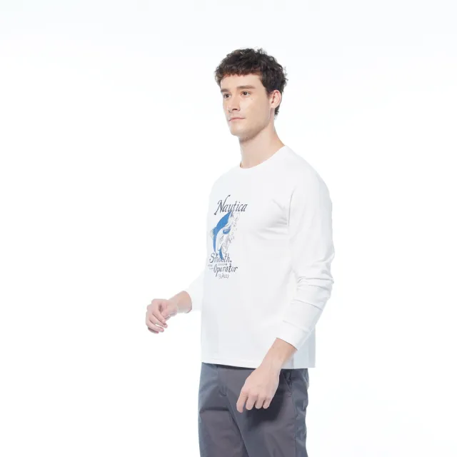 【NAUTICA】男裝 涼感抑菌海鱒魚圖騰長袖T恤(白色)