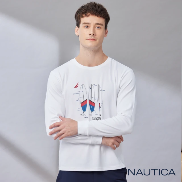 NAUTICA 男裝 衝浪板印花長袖T恤(白色)