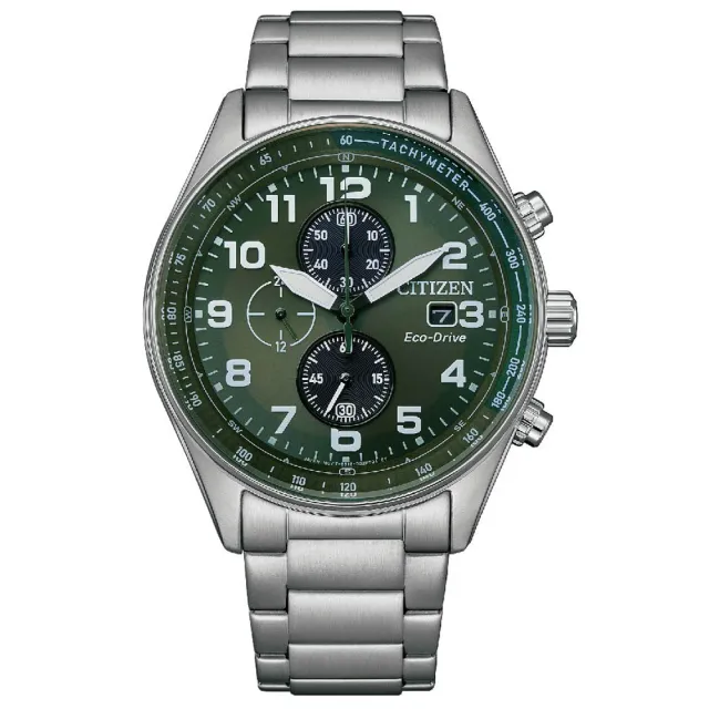 【CITIZEN 星辰】超酷軍綠光動能石英錶競速計時男錶-綠x銀/43mm 雙11(CA0770-72X)送禮