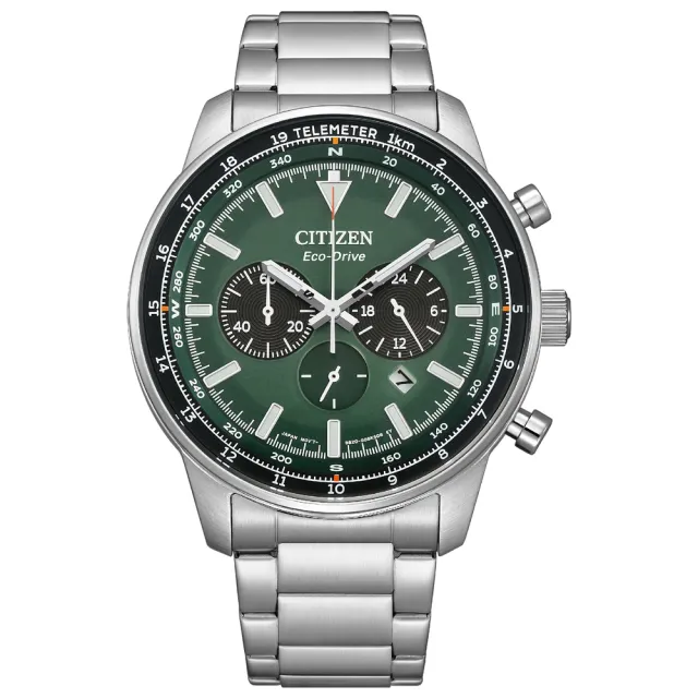 【CITIZEN 星辰】潮流自信光動能競速計時男錶-綠x銀/44mm 禮物(CA4500-91X)送禮