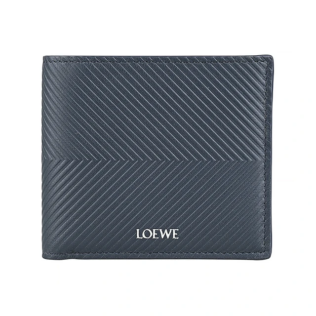 LOEWE 羅威 LOEWE燙銀LOGO小牛皮V型圖案8卡對折短夾(男款/海軍藍)