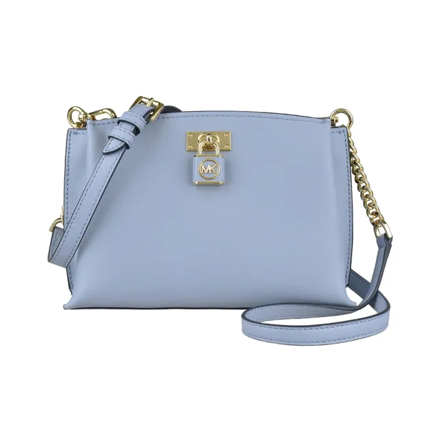 【Michael Kors】MK MICHAEL KORS RUBY 縮寫鎖頭LOGO拉鍊十字紋防刮牛皮斜背包(中/蒼藍)