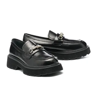 【MISS 21】黑系學院風純色牛油皮彈簧釦樂福厚底鞋(黑)