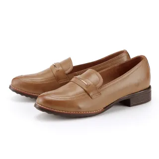 【MAGY】金屬細條真皮樂福粗低跟鞋(棕色)