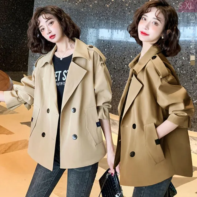 【Amay Style 艾美時尚】現貨 中大尺碼女裝 大衣外套 日韓系時髦西裝領休閒短版風衣外套。S-XL(2色)