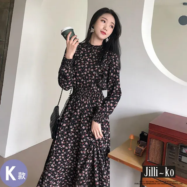 【JILLIKO】赫本風拼接碎花長裙洋裝連衣裙M/L/XL(多款任選)