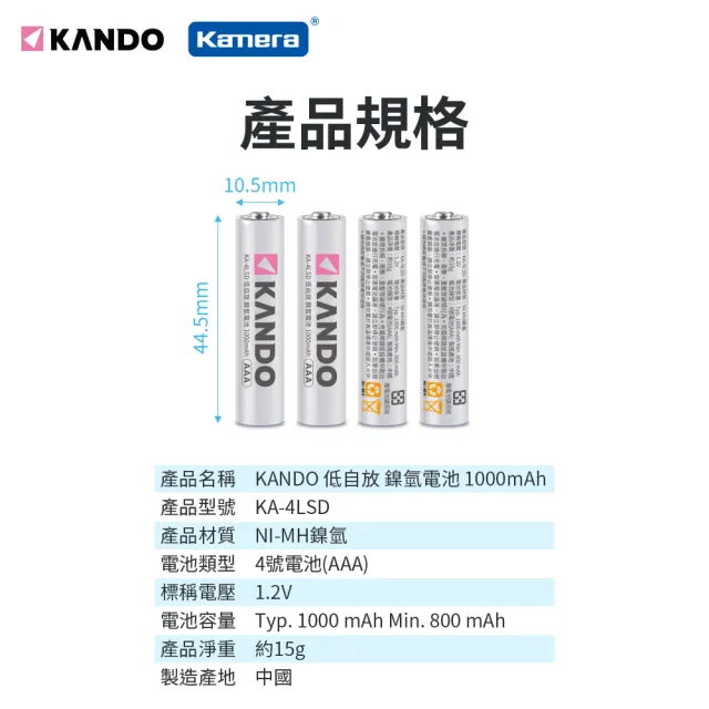 【Kamera】4號充電電池 低自放 鎳氫電池(4入 KA-4LSD 1000mAh)