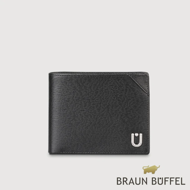 BRAUN BUFFEL 德國小金牛 台灣總代理 斯萊特 8卡中間翻零錢袋短夾-黑色(BF552-318-BK)